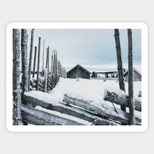 Wooden Fence and Cabin in White Norwegian Winter Landscape Sticker